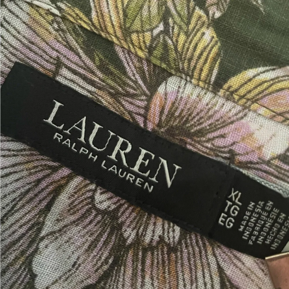Lauren Ralph Lauren Linen Floral Blouse Olive Button Down Cottagecore XL - Picture 6 of 10